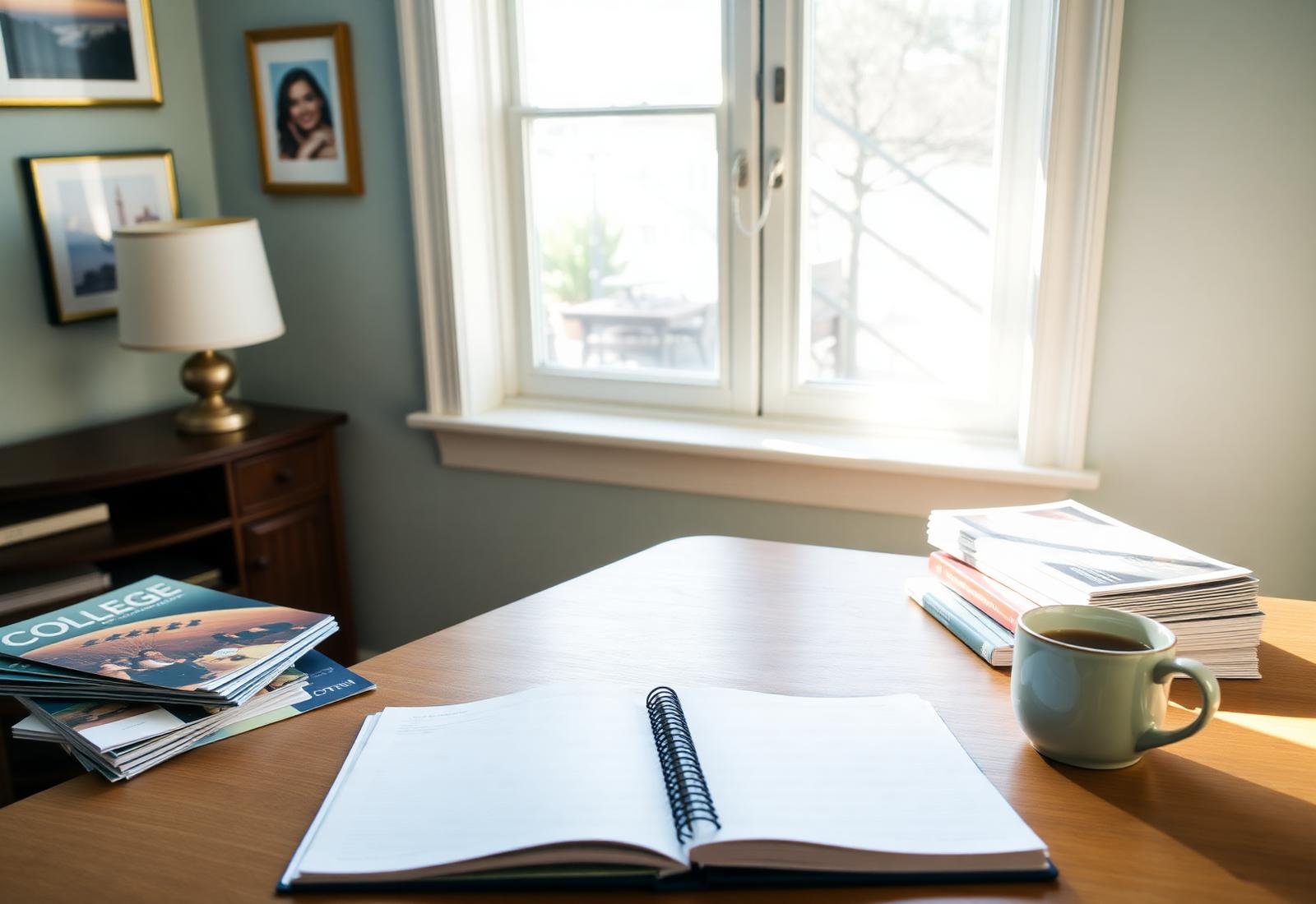 A warm, sunlit desk with college brochures and an open notebook
